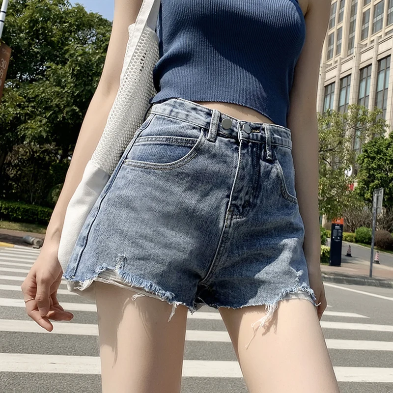 

High Waist Short Jeans Women's Summer Thin New Style Trendy INS Super Short A-Line Hot Pants Metal Process Cotton Blend Fabric