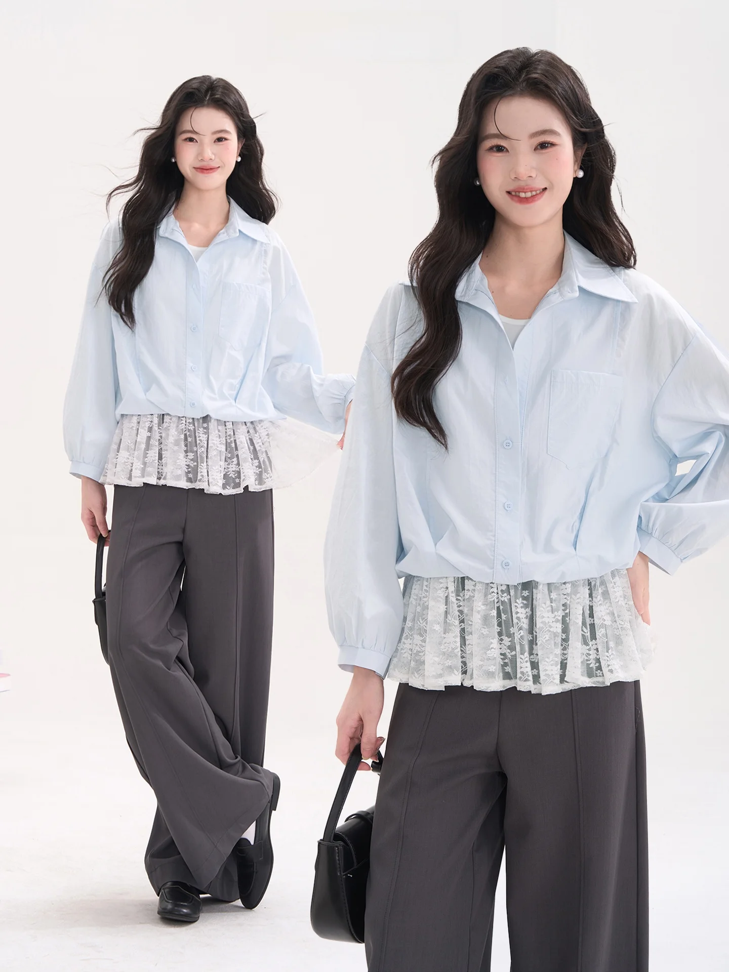 

Женская весенняя повседневная блузка из смесового хлопка с кружевным подолом, длинным рукавом, свободного кроя, с эффектом двухслойности, модная, для офиса