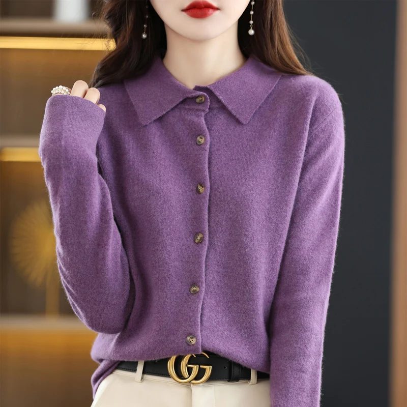 2024 Women's POLO Collar Knitted Cardigan Basic Versatile Top Spun Wool Jacket Elegant Single Breasted Sweater DMR430