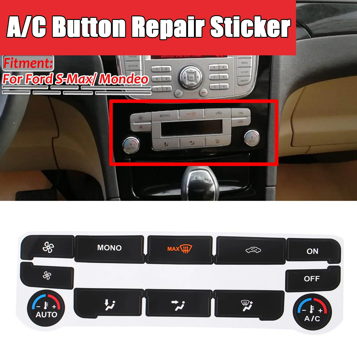 Ar Condicionado AC Climate Control Etiqueta Repair Botão, decalque para Ford S-Max, Fix Mondeo, prata, preto, um conjunto