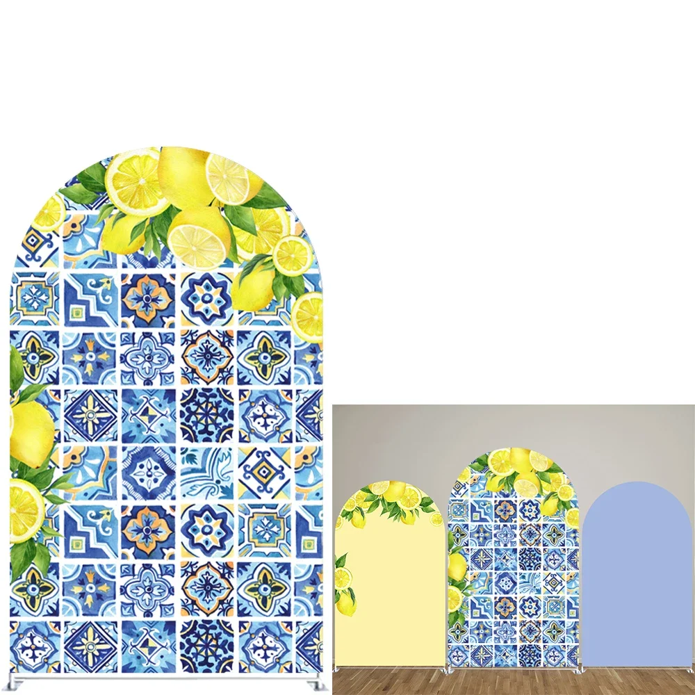 Imagem -03 - Azul e Branco Porcelana Limão Backdrop Cover Arco Dupla Face Capa de Fundo para Festas Temáticas Fotografia Recém-nascida Decoração Props