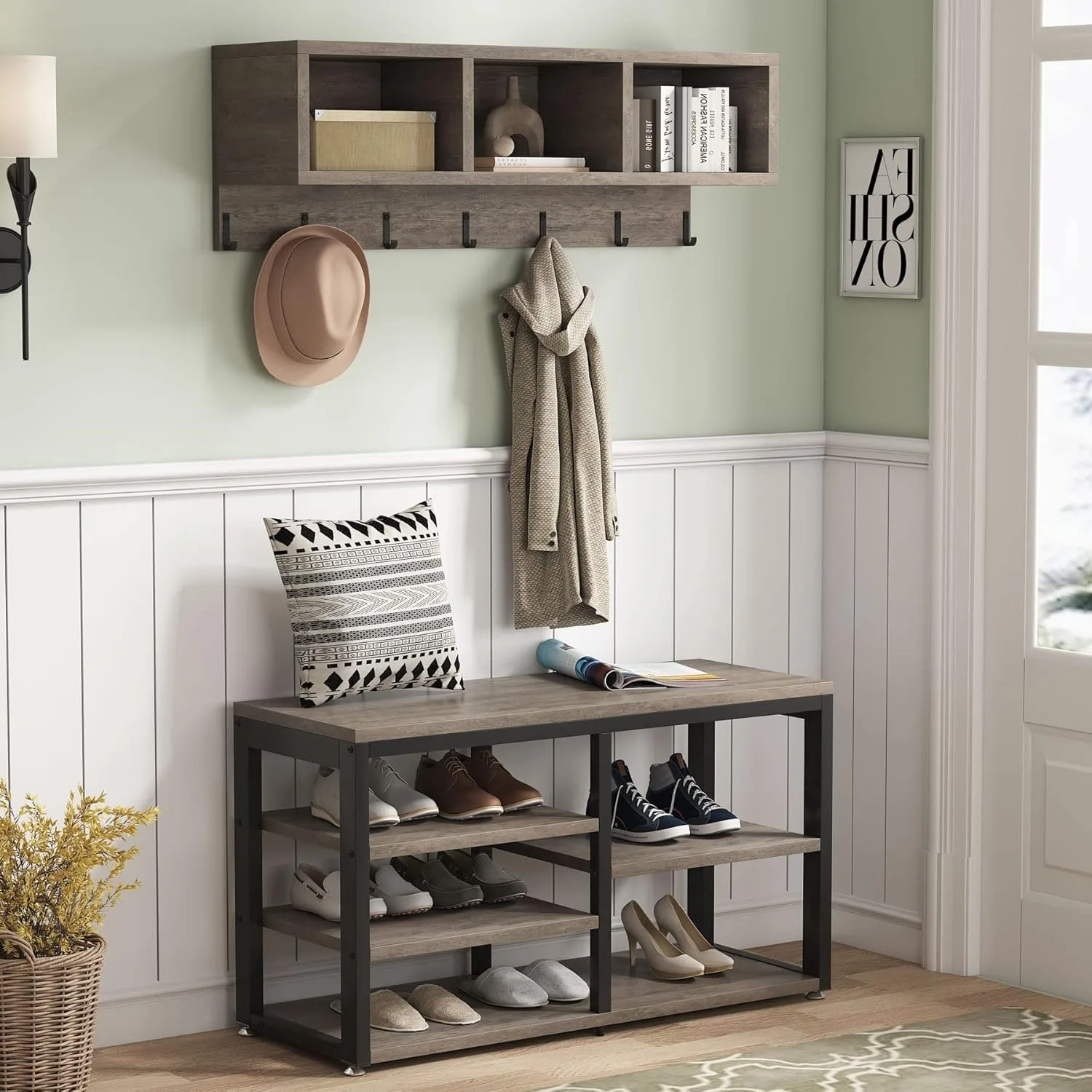 #LITTLE TREE Industrial Coat Rack Shoe Bench Set, Hall Tree with 3 Cubbies, 7 Hooks for Entryway Hallway, 5 in 1 Vintage Grey