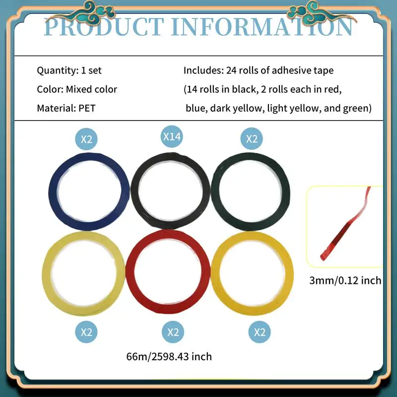(신제품)-24롤 화이트보드용 얇은 테이프 216피트/롤 1/8인치 아트 그래픽 차트 그리드 전기 테이프 드라이 이레이즈 테이프, 6가지 색상
