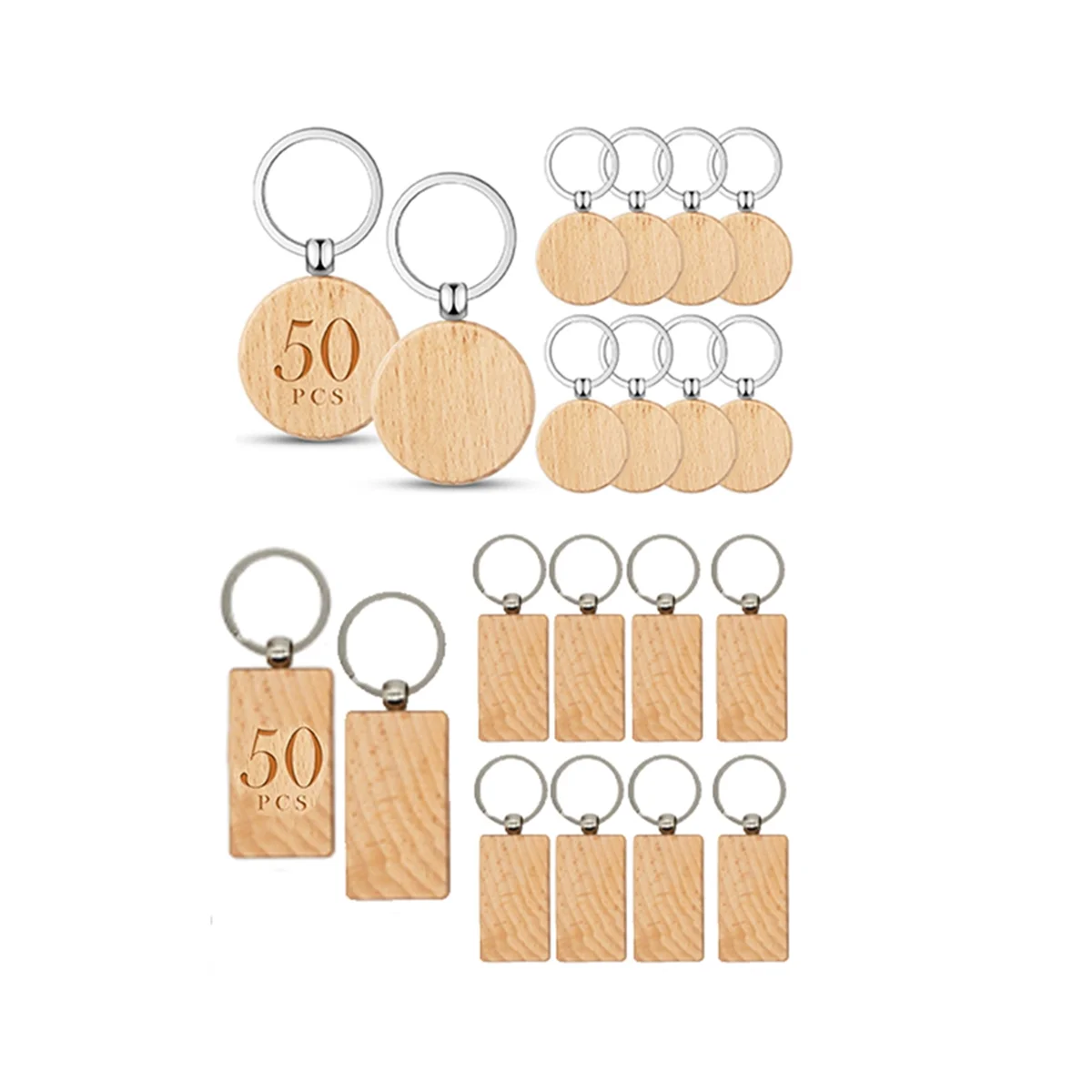 100 Pcs Wooden Blanks Wood Key Chain Blanks Unfinished Wooden Key Ring Key Tag for (Round+Rectangle)