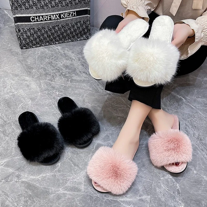 

New Woman Slippers Winter Simple Word Fur Flats Soft Home Women Slippers Faux Fur Warm Bedroom Leisure Female Shoes