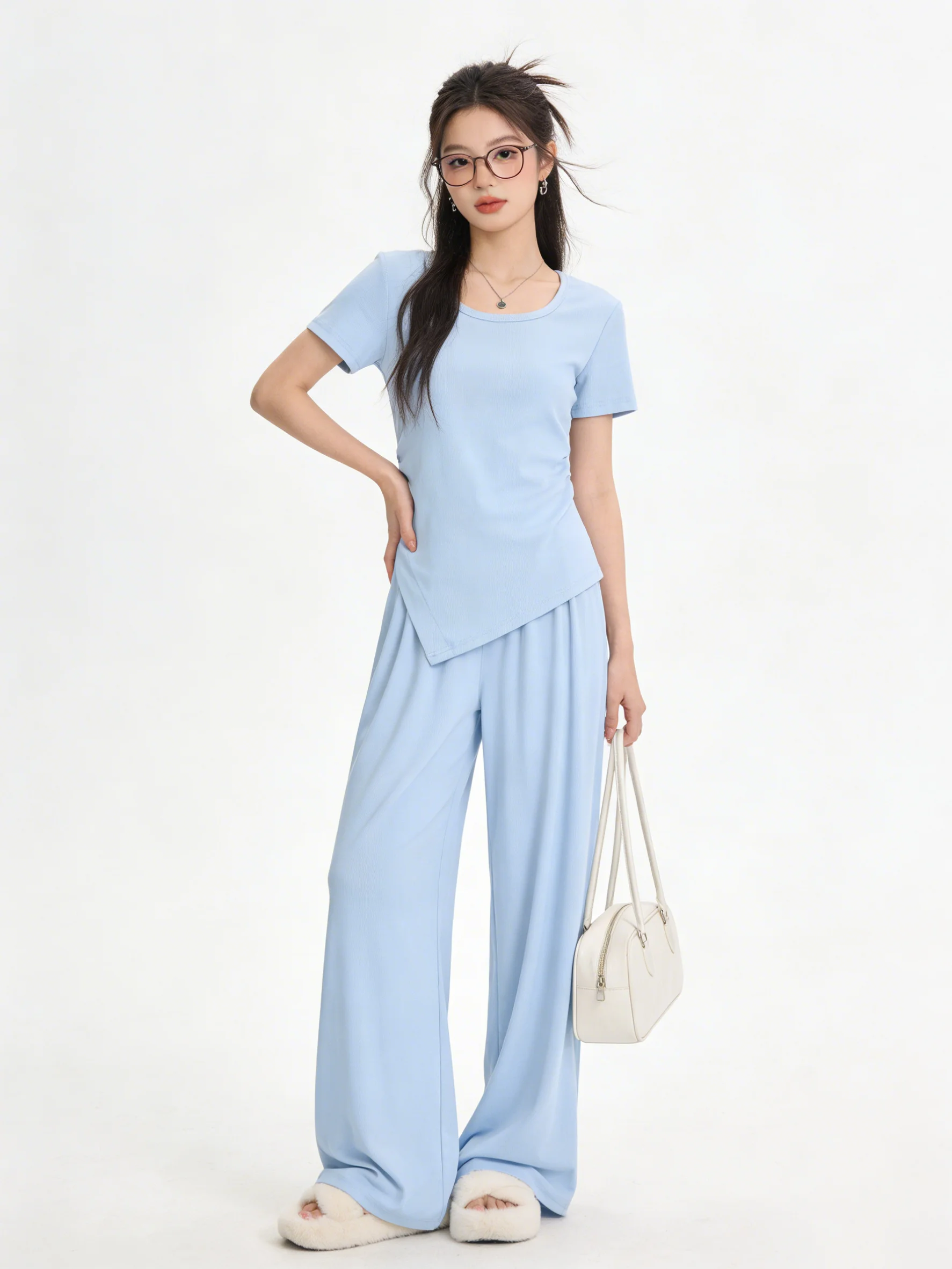 

Blue round Neck Asymmetrical Short Sleeve T-Shirt High Waist Wide Leg Pants Set Korean Style Fashionable Commuting Outfit