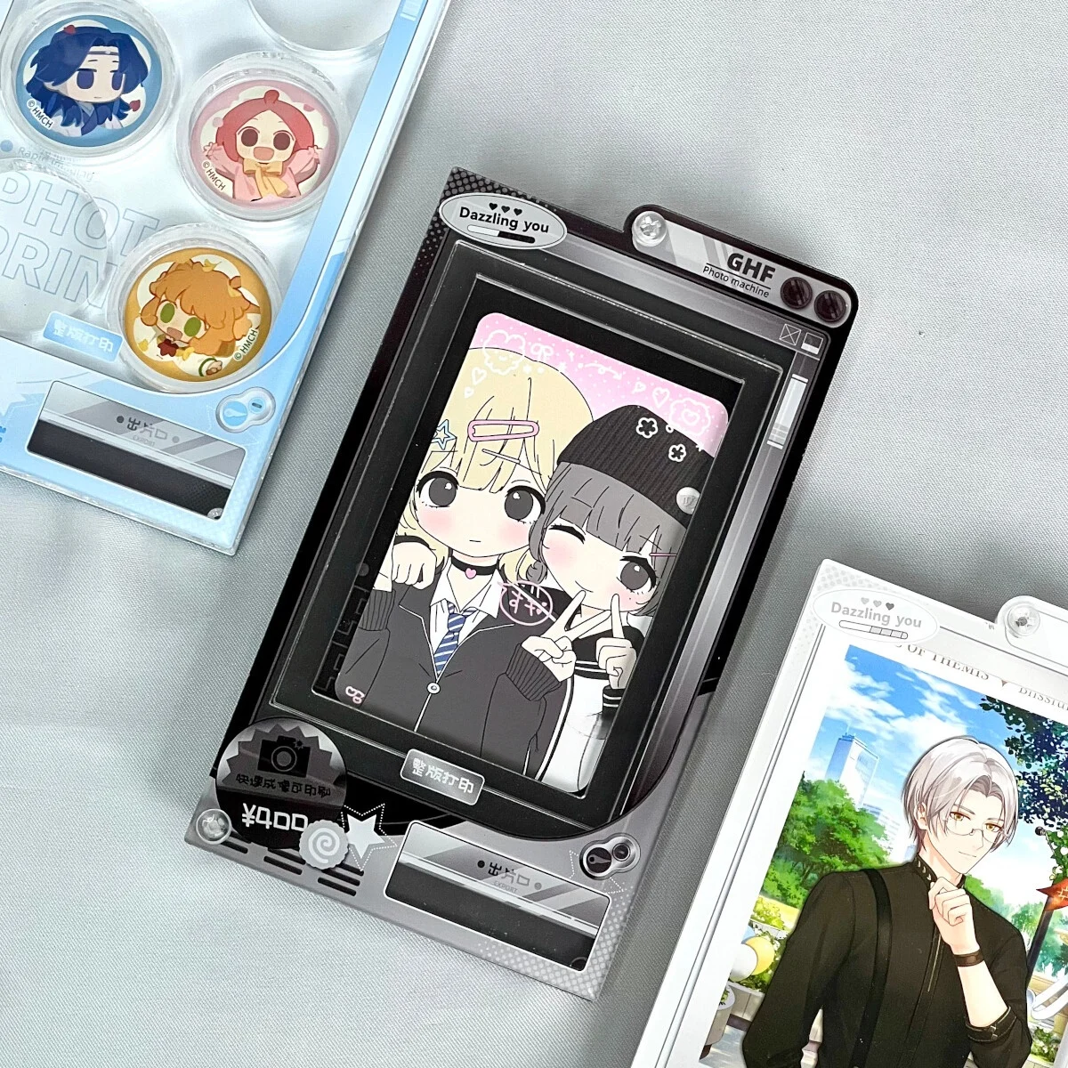 Photo Printer 3inch Photo & 35mm Badge Acrylic Brick, 6 Slots Badges Display Case, for Anime Kpop Merch Shooting Layout Decor