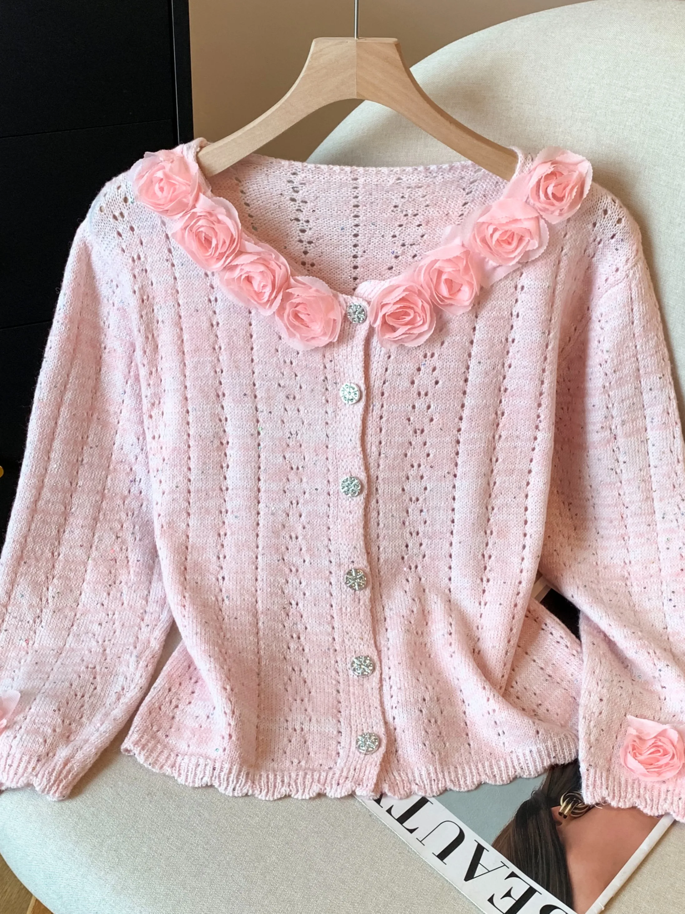 

Ele V-Ne вязаный открытый кардиган женский осенне-зимний модный топ Self-Kept Sle сладкий 3D цветочный дизайн корейские свободные...