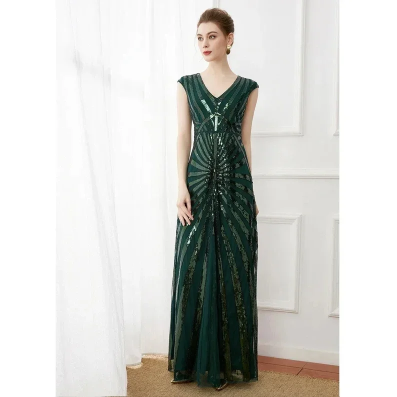 Women's 1920s Beaded Sequin Geometric Gatsby Dress Flapper Cocktail Mermaid Plus Size Long Formal Gown (GREEN/GOLD/RED/BLACK)