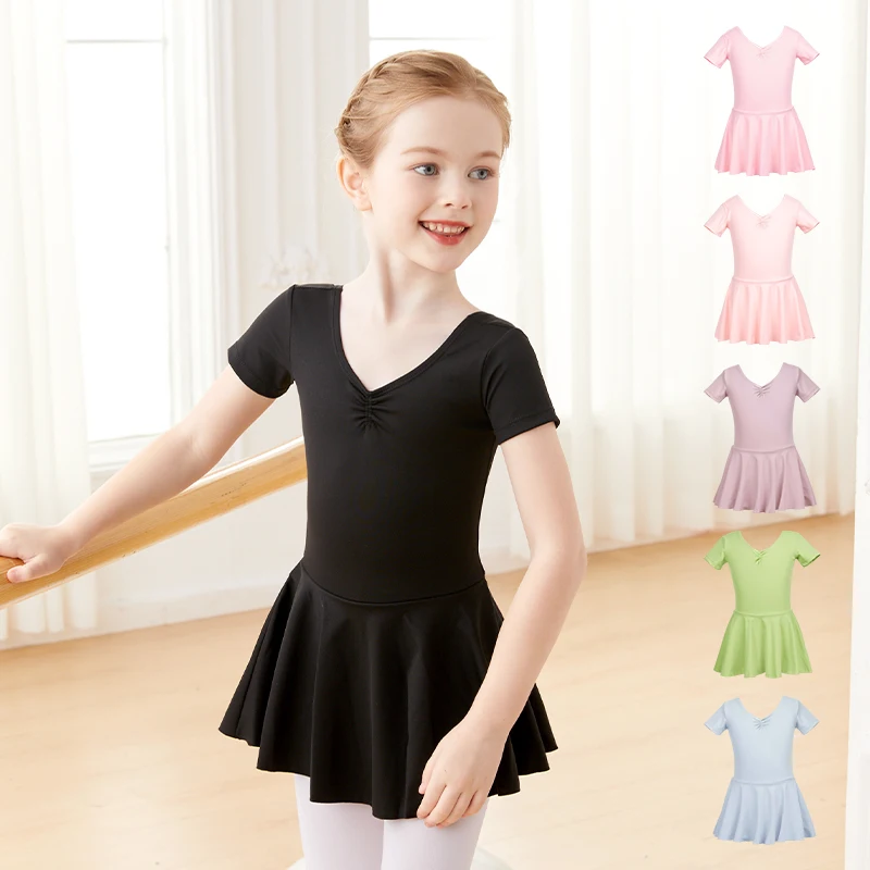 

Girls Ballet Dress with Lining Toddlers Kids Leotard Dress Nylon Gymnastic Leotard with Skirt Short Sleeves Dance Bodysuit Dress