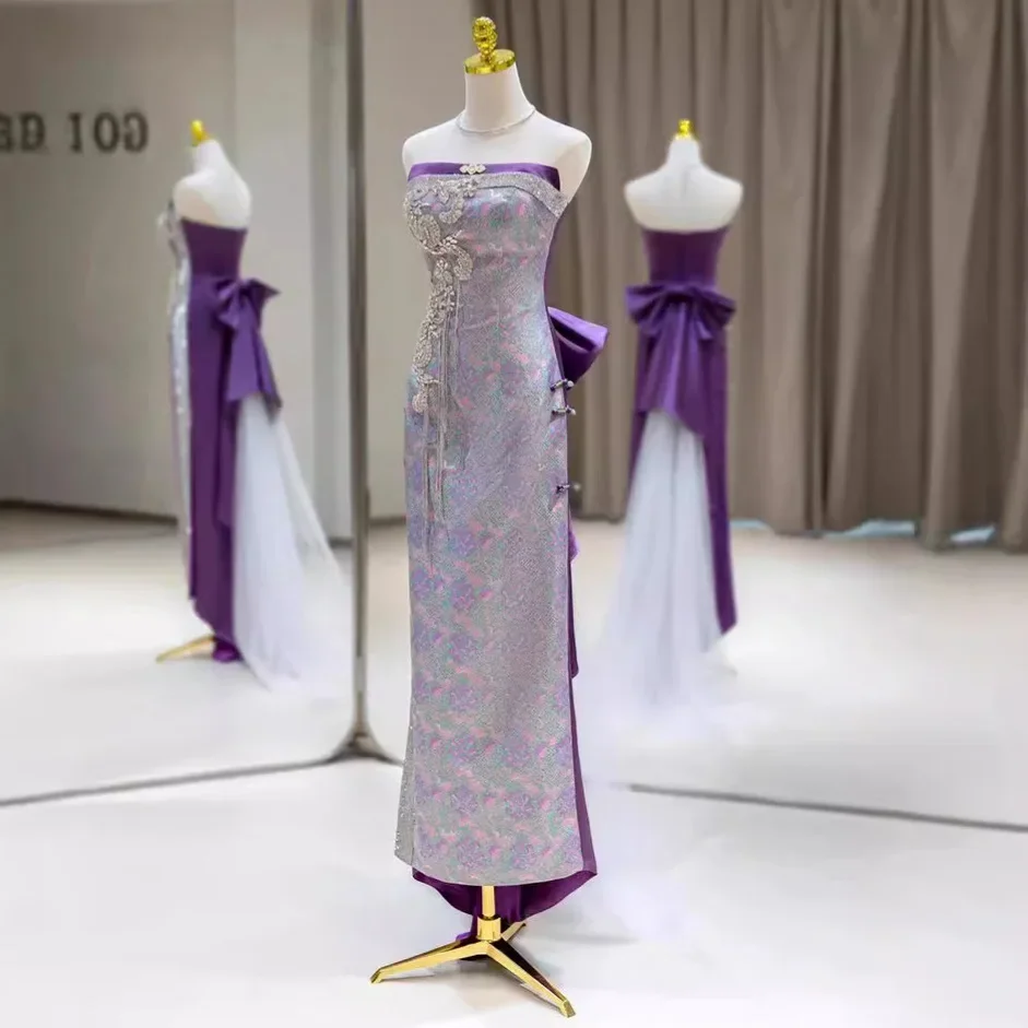 New Chinese fishtail evening dress purple tube top waist light luxury niche bride engagement improved national style cheongsam