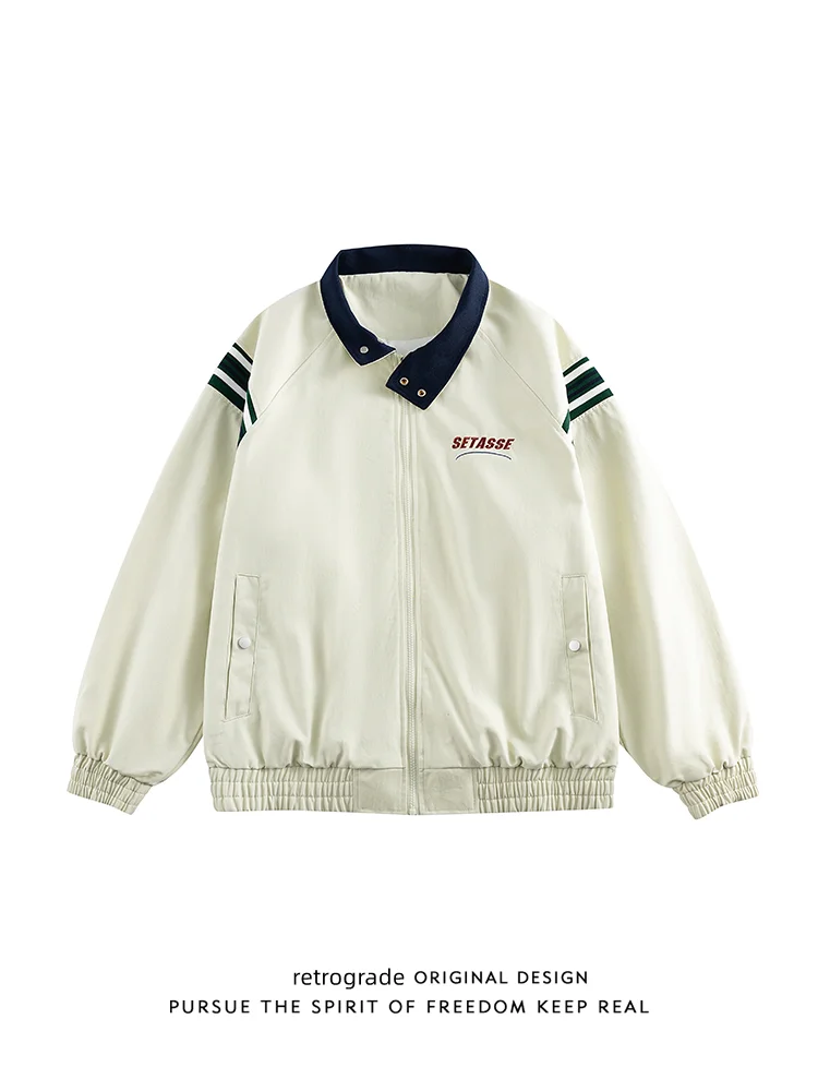 

Retro American Color Blo Collar Jaet Men's Spring Autumn Loose Couple Casual Outerwear Youth Faion Letter Pattern