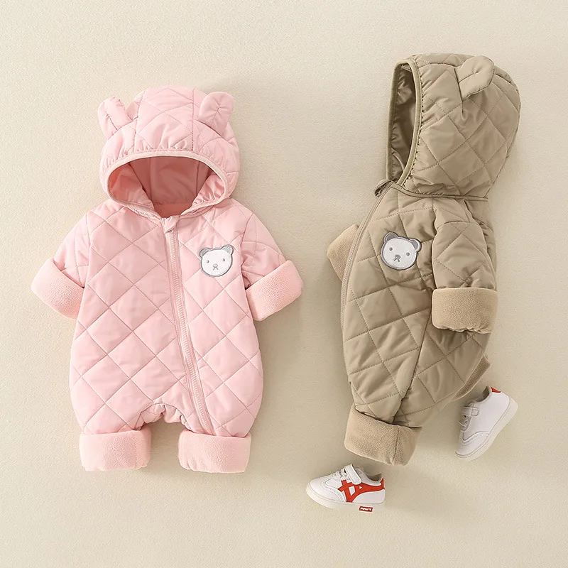 AYNIGIELL Late Autumn, Early Winter Baby Jumpsuit Thick Warm Infant Hooded Inside Fleece Rompers Newborn Boy Girl Overalls