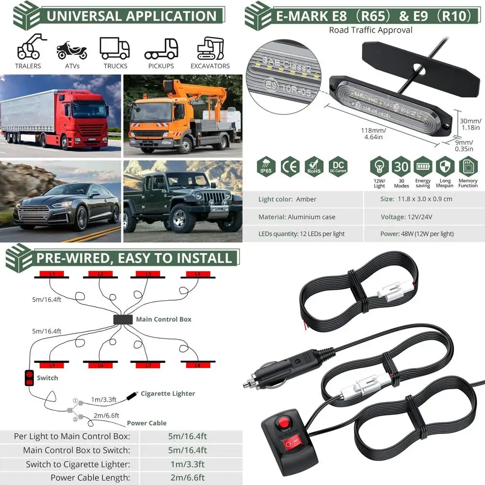 

Комплект из 8 янтарных аварийных стробоскопов для грузовиков, строительных транспортных средств и квадроциклов — 12–24 В, 30 режимов вспышки, водонепроницаемый,