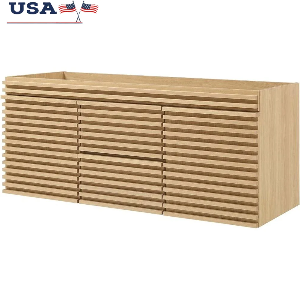 

Mid-Century Wall-Mount Bathroom Vanity Cabinet with Double Sink Storage Modern Design Oak Finish Durable MDF Construction