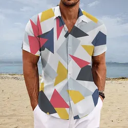 Camisa de manga curta estampada geométrica masculina, cardigã praia havaiano, blusa confortável, casual, elegante