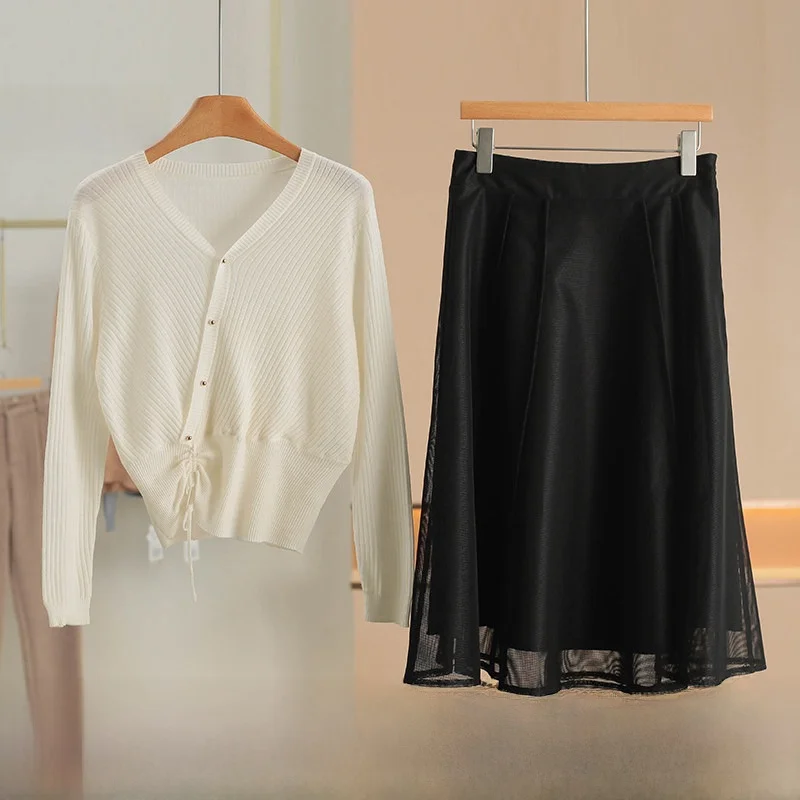 

Cute Drawstring Waist Knitted Top And Skirt Set Spring 2026 Fashion Brand Button Women's Long Sleeve Crew Neck Outfit