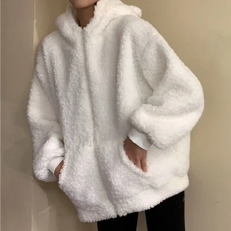 Faux Fur Long Sleeve Hooded Teddy Bear Ears Soft Hoodies White Autumn Winter Women Green Beige Zip-up Sweatshirt Kawaii Fleece