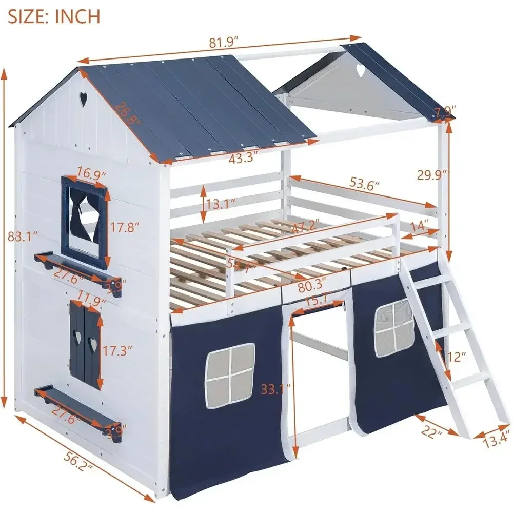 House-Shaped Bunk Bed for Kids with Play Area, Tent, Windows, and Sills in Blue and White