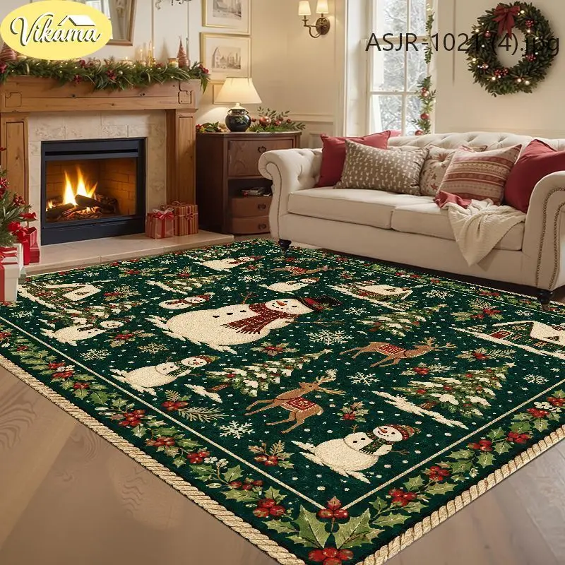 VIKAMA Christmas Snowman Living Room Rug, Non-Slip Rug with Reindeer and Holly Berry Design, Festive Decorative Rug, Home Decor