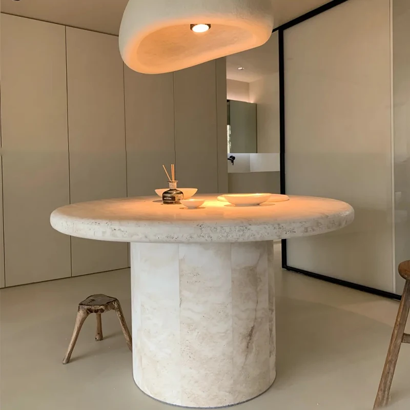 Natural travertine round dining table in ancient French wabi style ultra-white stone