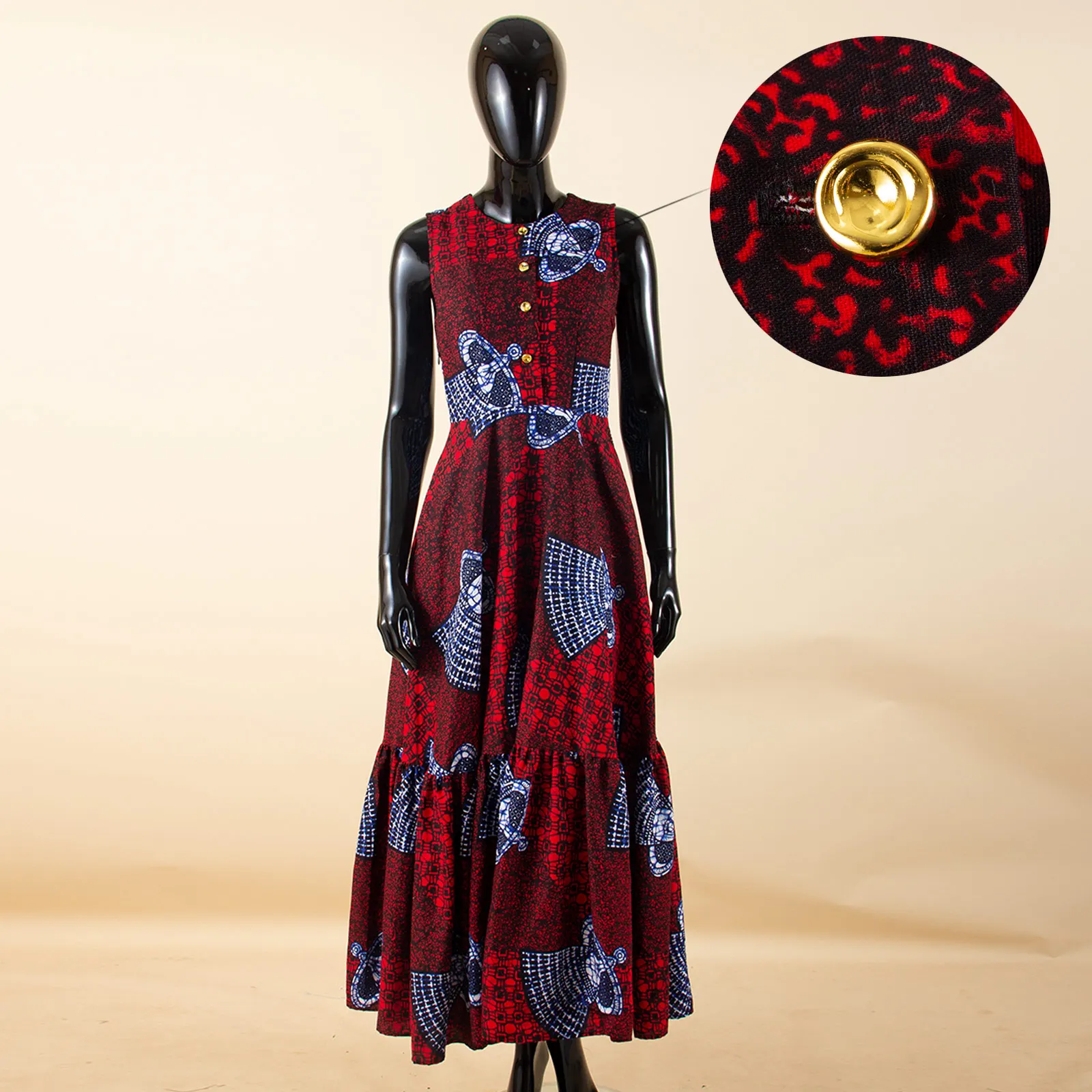 African Women's Dress Ankara Sleeveless High Waist Loose Casual A-Line Dresses with Pocket Dashiki Print Party Wedding Clothes