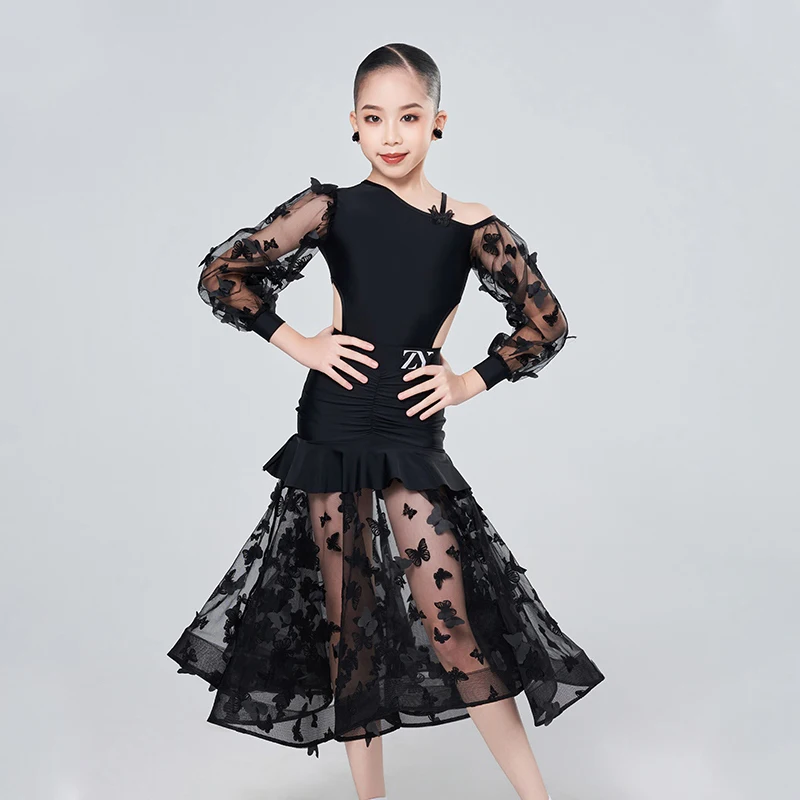 Robes de danse professionnelles pour enfants filles robe de danse latine en maille noire vêtements de danse de salon de valse pour enfants vêtements de scène SL11992