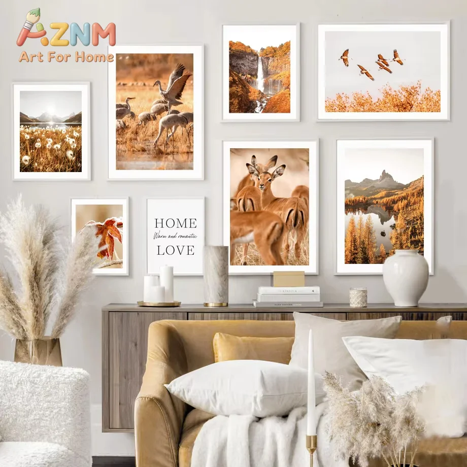 1PC Warm Orange Autumn Wall Art Fall Landscape Prints with Mountain Cabin Deer Lake Neutral Cozy Canvas Posters Modern Decor