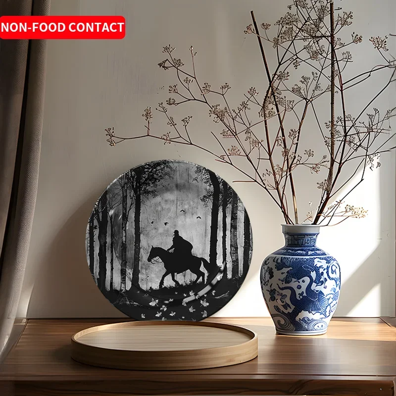1pc Elegant Ceramic Decorative Plate - Forest Riding Horse Design, Nordic Style Wall Art, Non-Food Contact, Ideal for Living