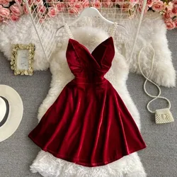 Sexy Sleeveless V Neck Slip Sexy Off Shoulder Beading Straps Elegant Luxury Evening Party Fashion Mini Velvet Dresses Women