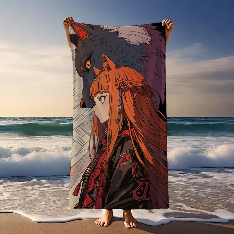 Anime Fox Girl & Wolf Head Beach Towel – Japanese Mythology Style Art, Dark Fantasy Design for Beach or Pool