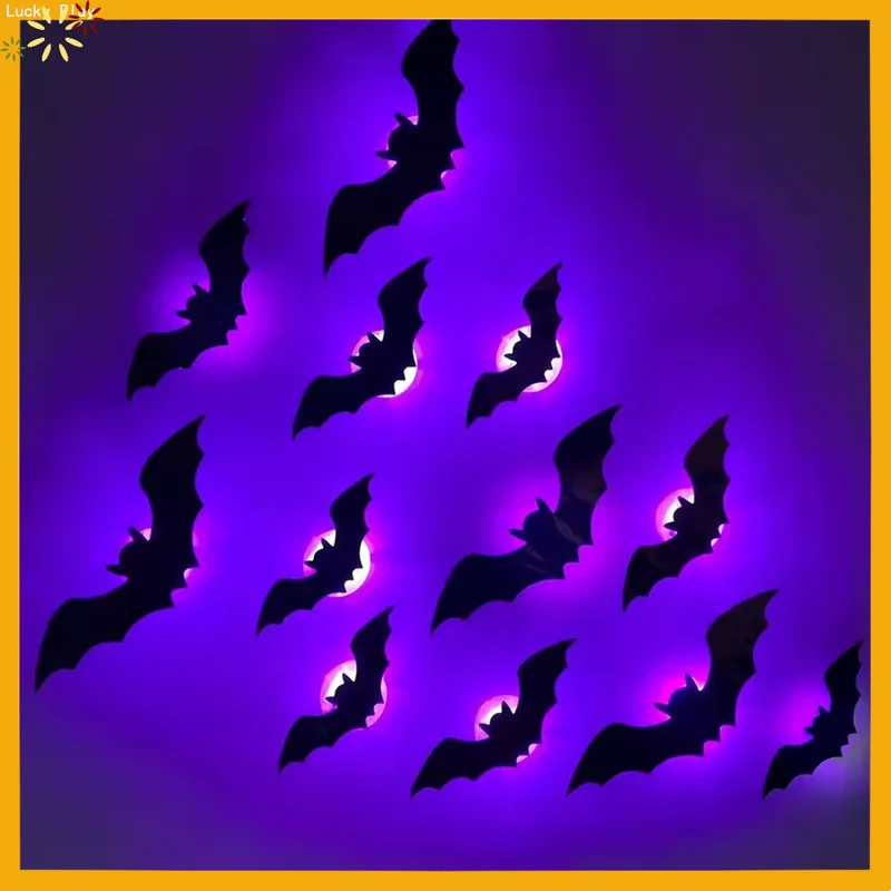 12/24pcs Halloween 3d Bat Decor Halloween Led Light Wall Sticker Bat Night Light For Halloween Party Scare Decoration Festive