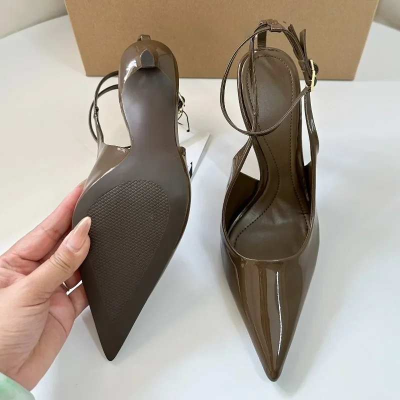 Sexy Pointed Toe Ankle Straps Buckle Women Pumps Patent Leather Slingbacks High Heels Elegant Party Shoe Stiletto Heeled Sandals