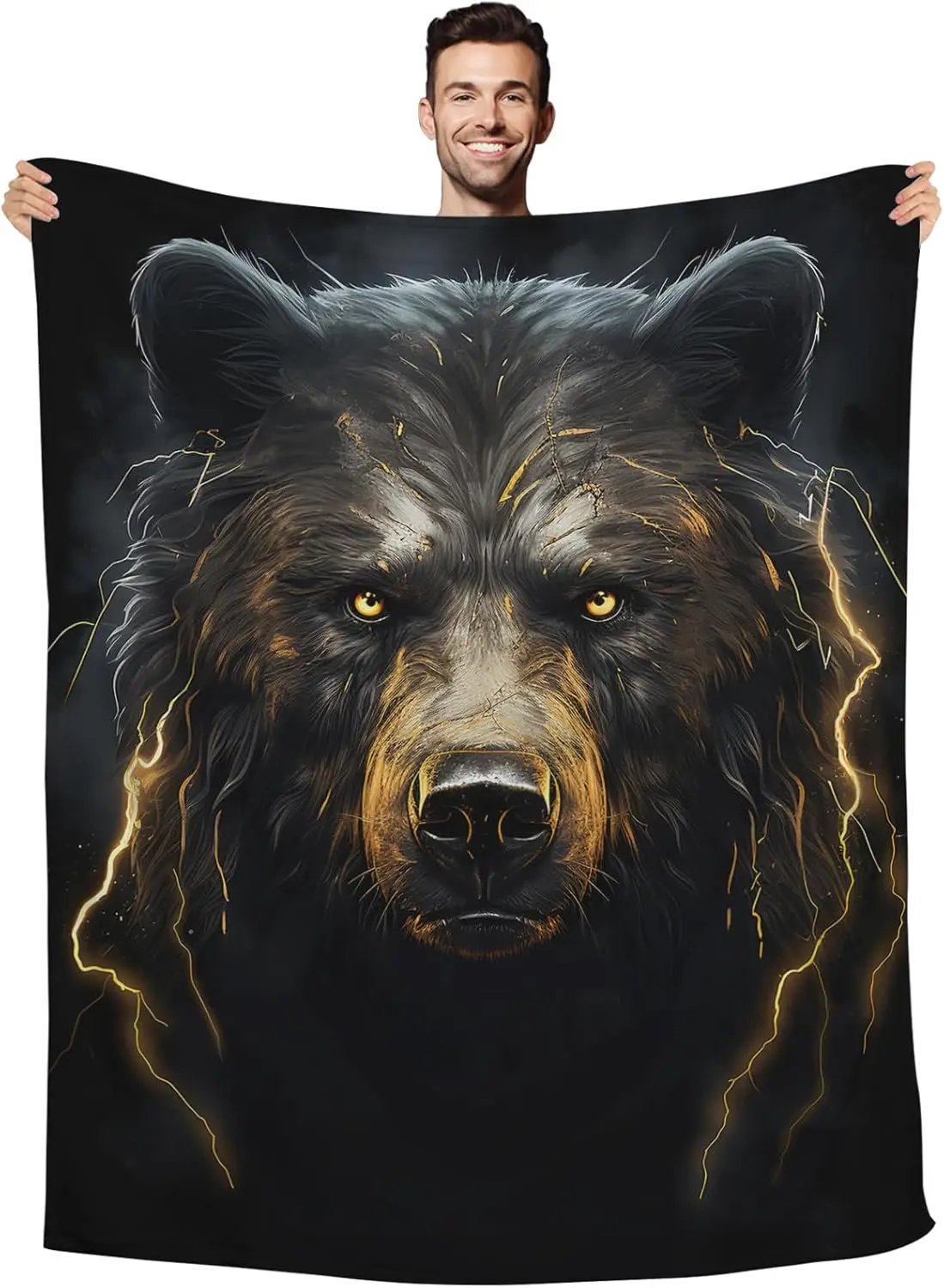 Huke Bear Gifts Blanket, Cool Black Gold Fire Lightning Bear Blanket, Bear Gifts for Adults/Kids/Students, Cool Animal Print
