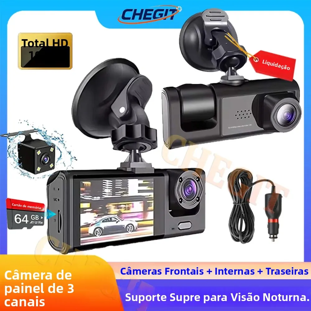 Câmera DVR para Carros 3 Canais 1080P, Gravador de Vídeo Frontal + Interior, Acessório para Carro