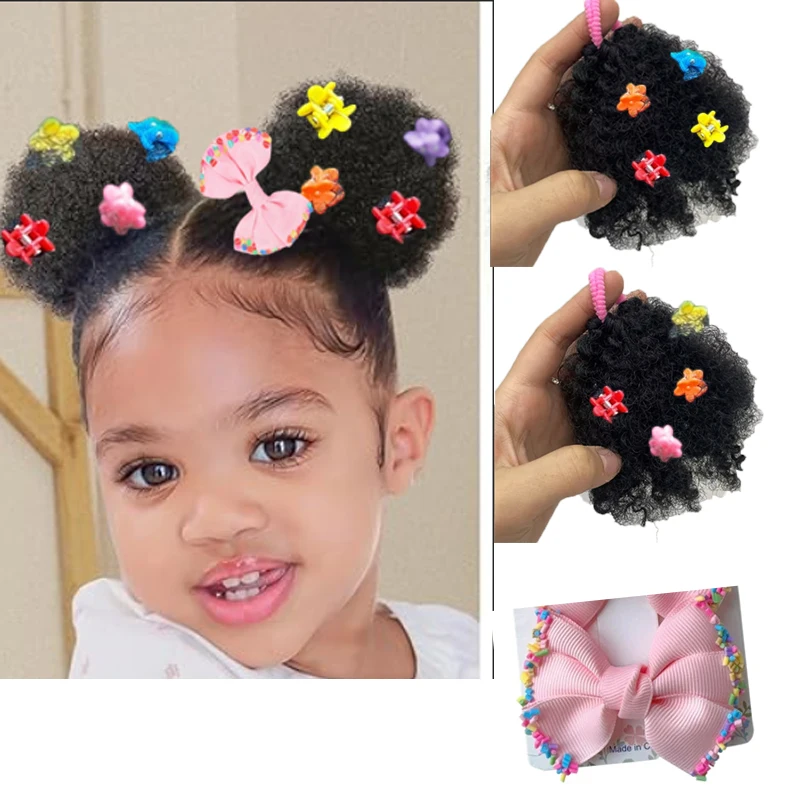 

2Set Kids Hair Buns Kids Afro Puff Soft Like Natural Human Hair Hand Feel Marley Kinky Bulk for Hair Girl with Elastic claw