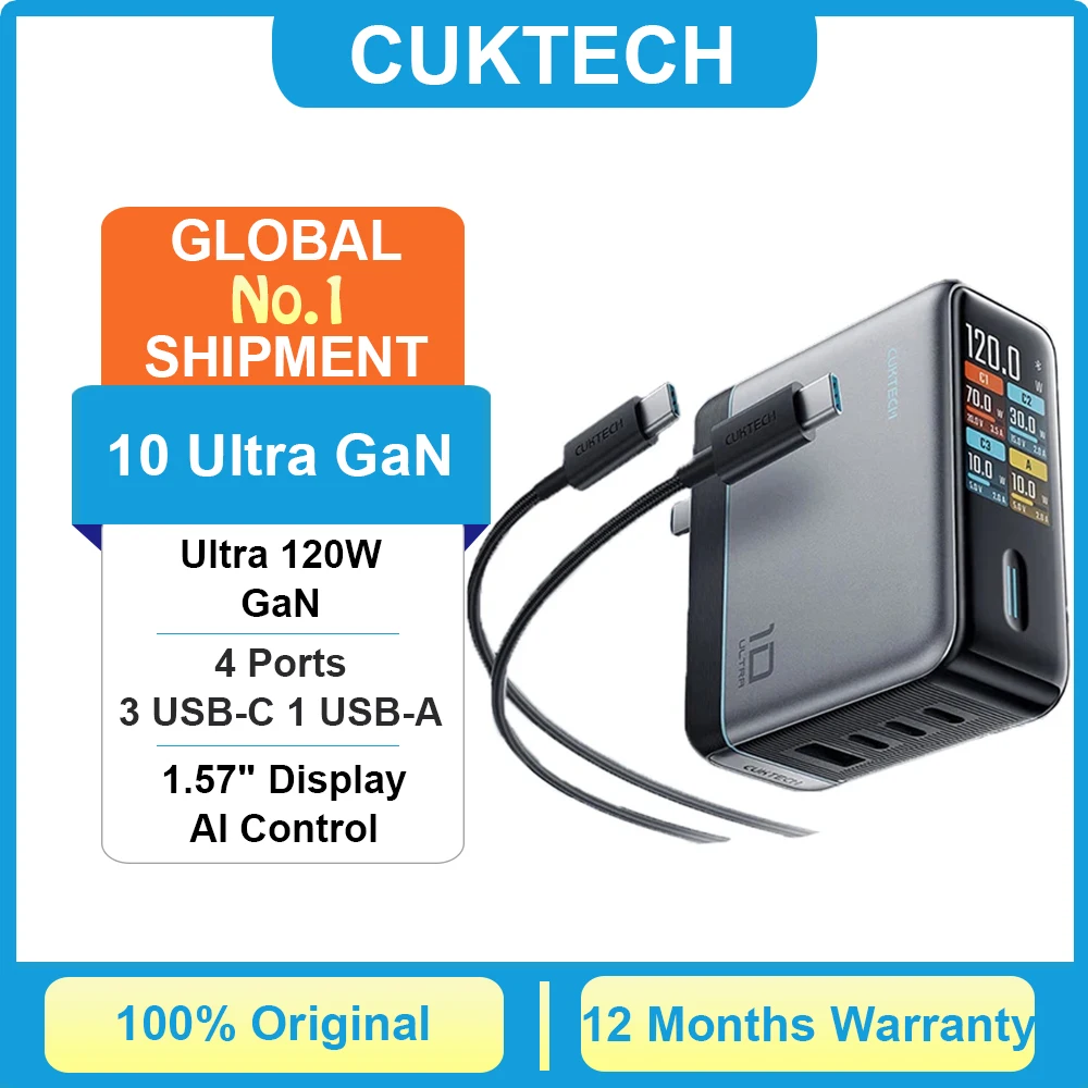 CUKTECH 10 GaN شاحن فائق الترا 120 واط 100 واط ماكس 4 منافذ USB-C شاحن لشاومي سامسونج آيفون ماك بوك المحمول