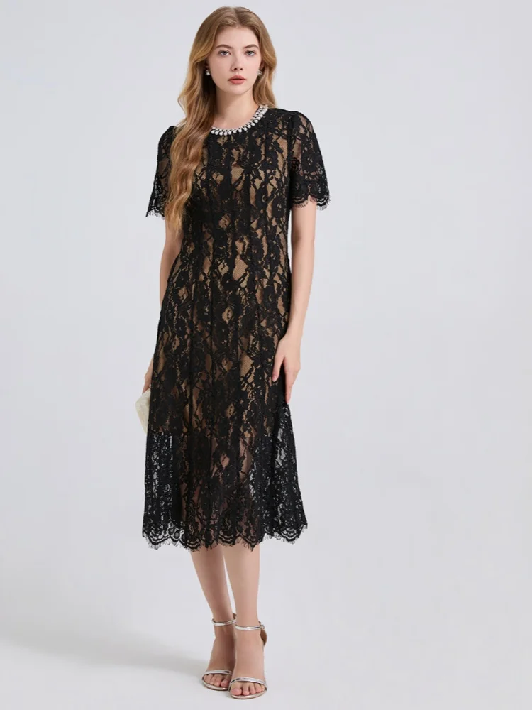 

SMTHMA Solid Lace Hollow Out Slimming Dresses For Women Pearl Diamond O Neck Short Sleeve High Waist Temperament Runway Dress