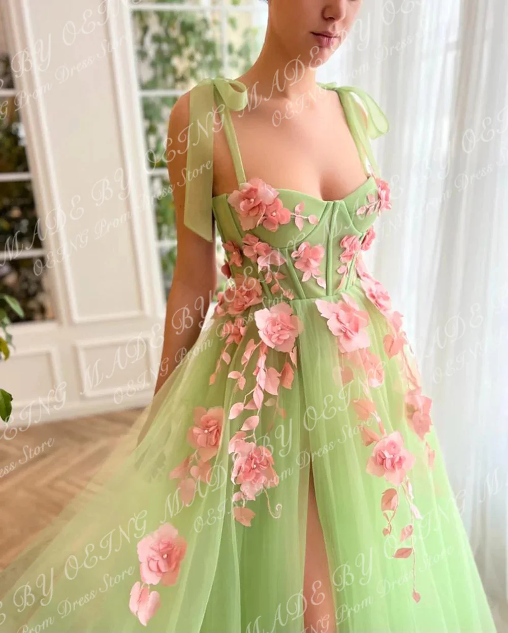 OEING-Vestidos de noite verdes, uma linha, fenda lateral, apliques até o chão, princesa vestido de baile, querida, ocasião especial