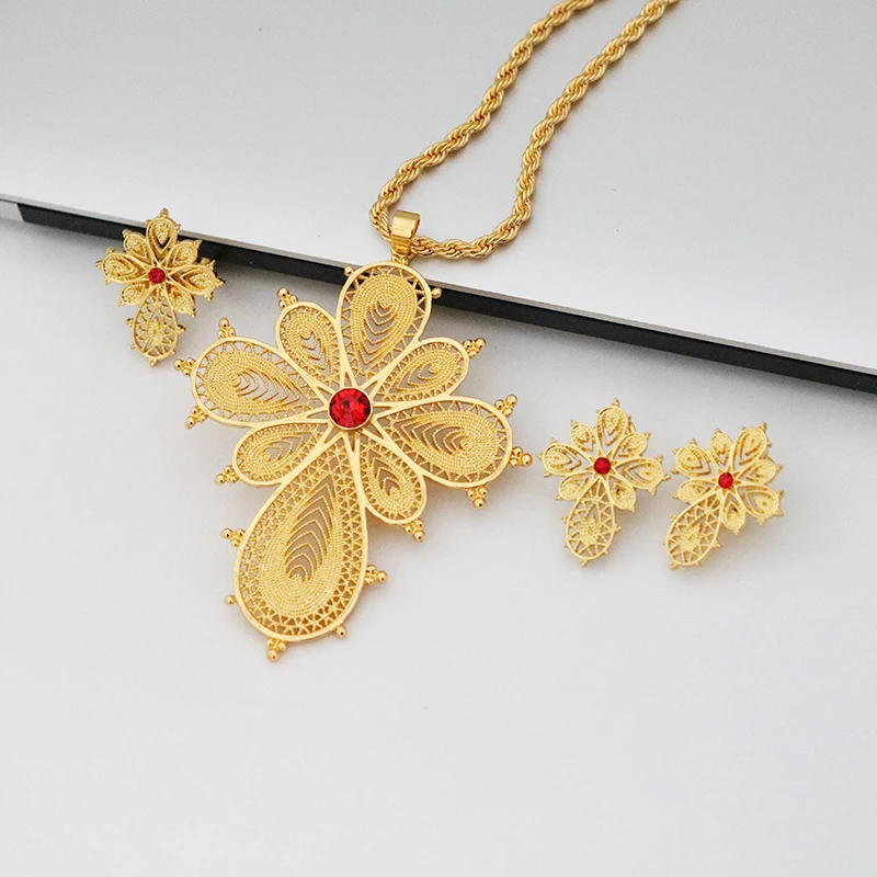 Dubai Ethiopian Cross Shape Gold Plated 3 Piece Jewelry Set Women Nigerian Luxury Necklace Jewelry Set Wedding Party Favors