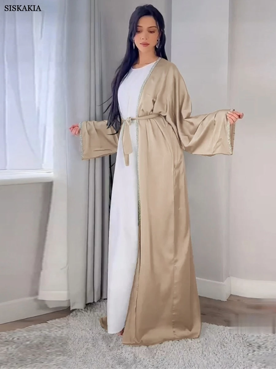 Siskakia-quimono aberto para mulheres, cardigã de cor sólida, manga comprida, casual, elegante, estilo marroquino, caftan, dubai