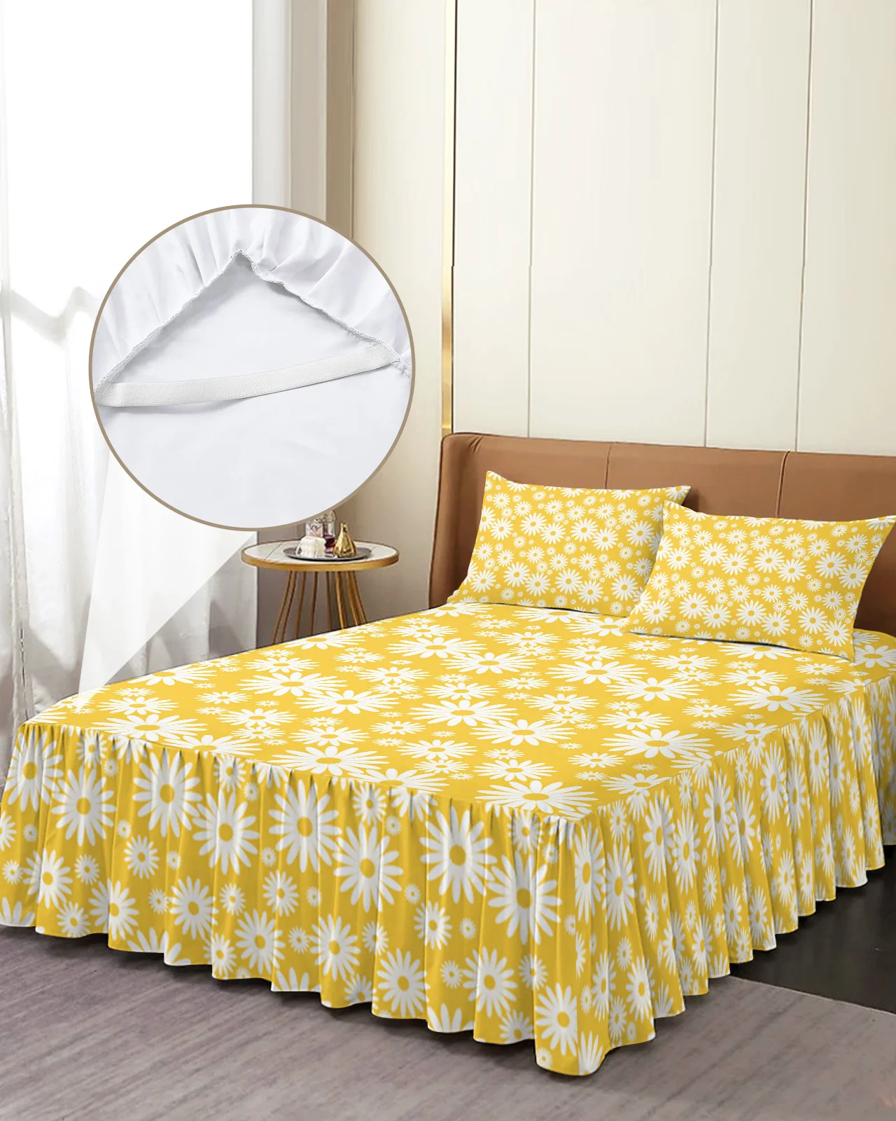 Fresh Daisy Flowers Yellow Bed Skirt Elastic Fitted Bedspread With Pillowcases Mattress Cover Bedding Set Bed Sheet