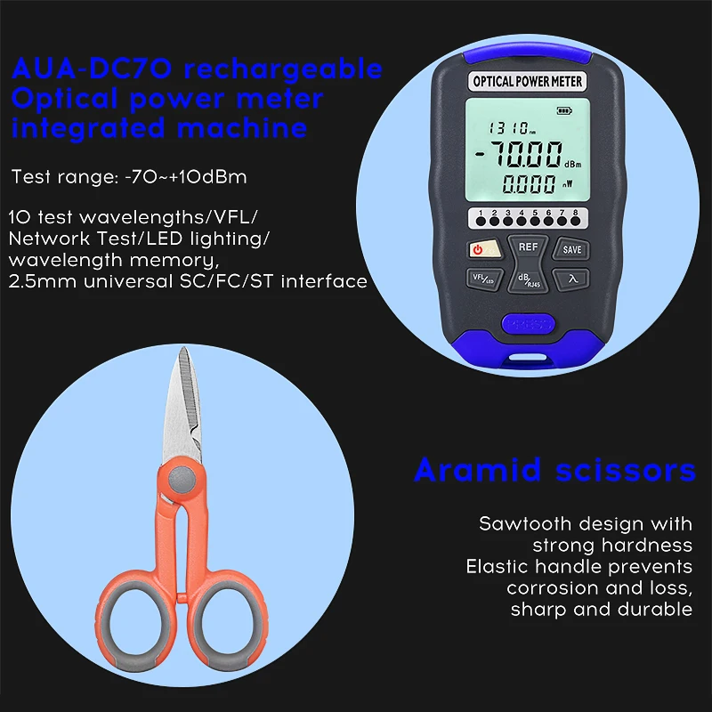 Imagem -03 - Fibra Óptica Cleaver Tool Kit Ftth Fibra Óptica Power Meter Visual Fault Locator Recarregável Aua-d70 em 15mw Aua-x5