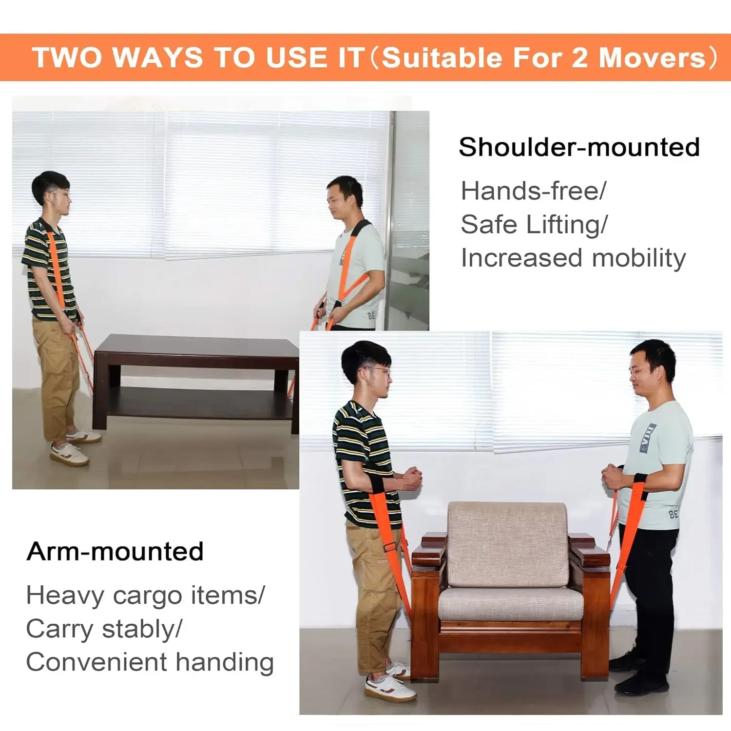 Moving Straps 2 Person Orange Shoulder Lifting and Moving System for Carrying Appliances Furniture Mattresses or Heavy Objects