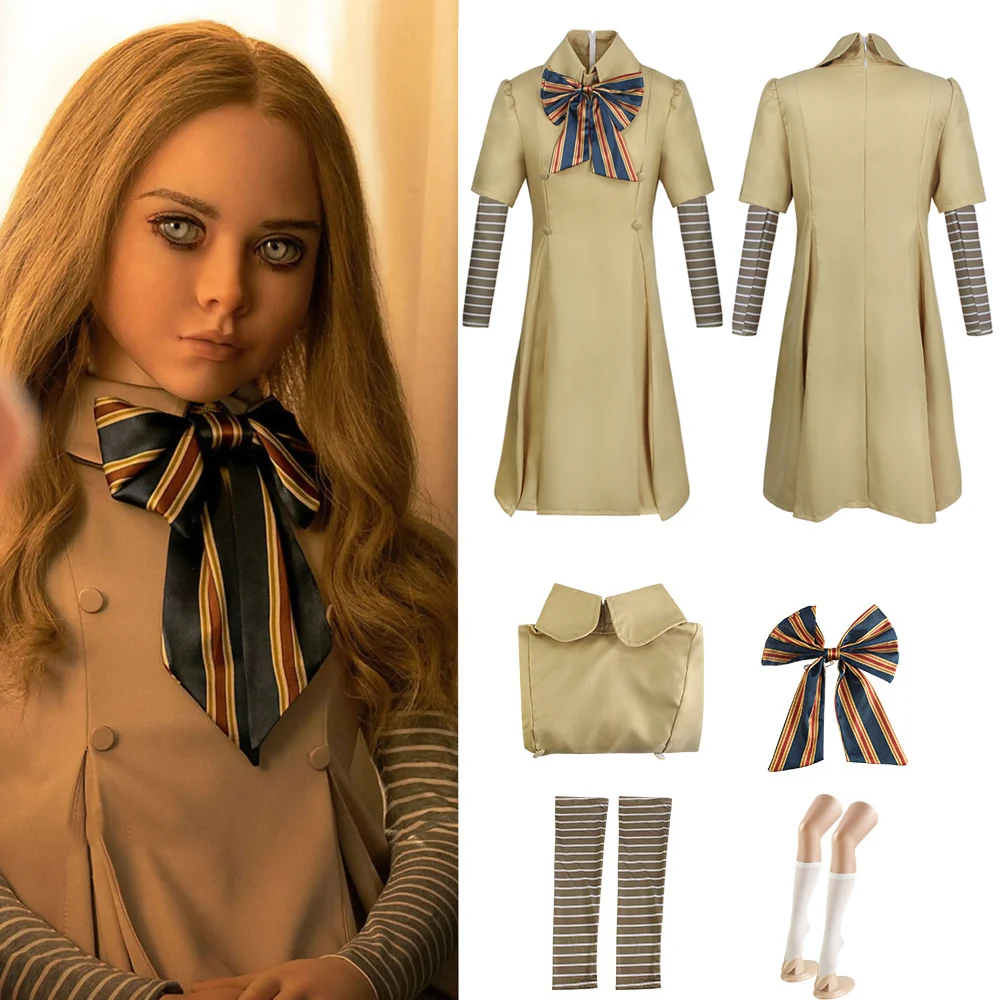 Disfraz de Cosplay de M3GAN para Mujer, Vestido de Muñeca Megan de Película de Terror, Traje de Abrigo Largo para Fiesta de Carnaval de Halloween con Corbata y Mangas Rayadas
