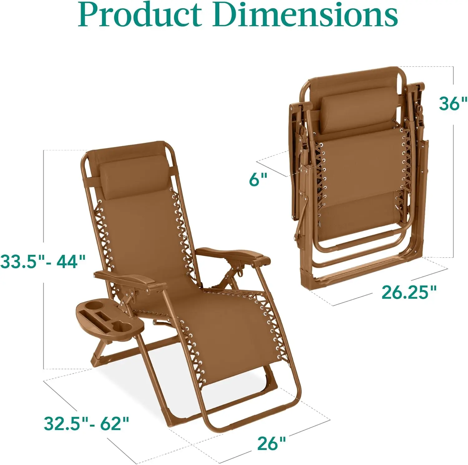 Adjustable Zero Gravity Chair, Monochromatic Color Folding Patio Recliner w/Side Tray, Headrest - Desert