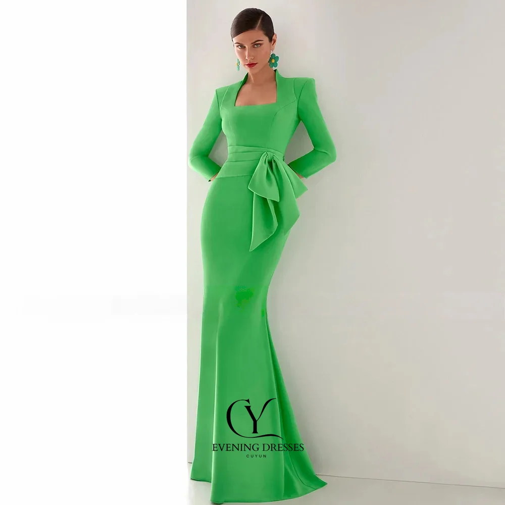 CUYUN Aangepaste Zeemeermin Avondjurken Groene Strik Lange Mouwen Elegante Bruiloft Gast Jurken Vrouwen 2026 Formele Feestjurk