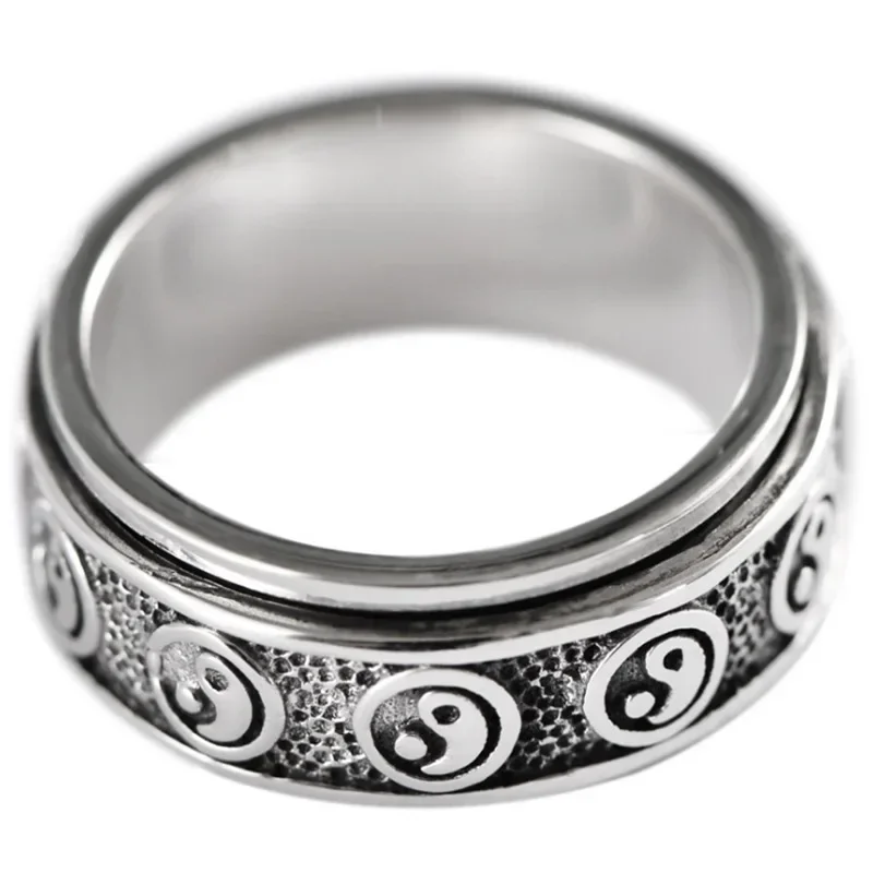 Retro national style Tai Chi Bagua Exquisite 925 Thai Silver Rotating Mens Rings Faced Embossed Design Ring Charm Jewelry