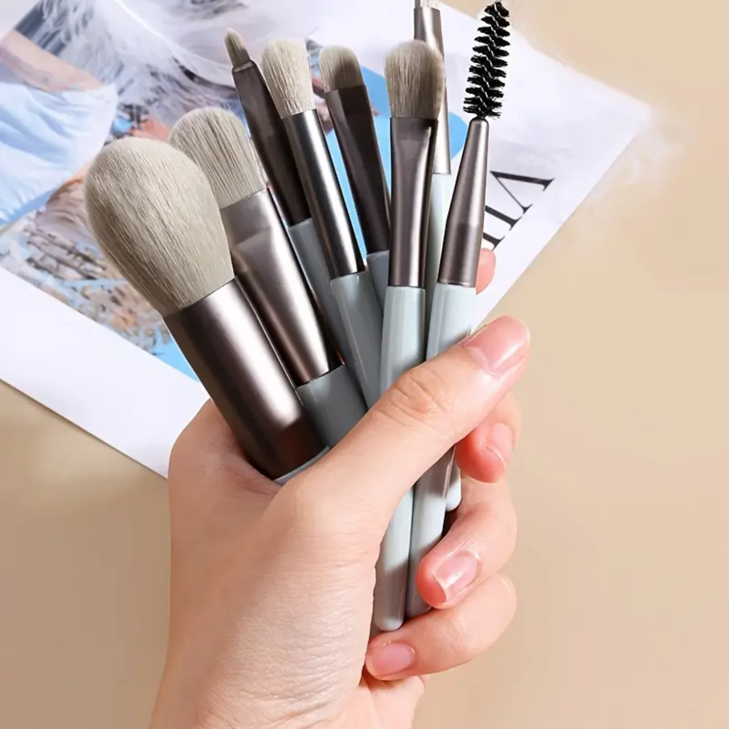 Travel Makeup Brushes Set 8 Pcs: Foundation, Blush, Eye Shadow, Eyelash, Lip & Brows Kit - Portable & Mini Size