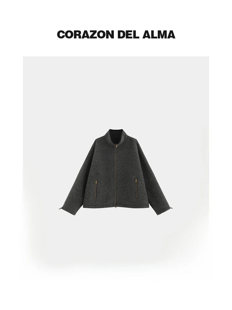 

Double-Faced Woolen Zipper Collar Jaet Coat Luxury Alpaca Wool Fluffy Stand Collar Corazon Del Alma BB-728 Women's Outerwear